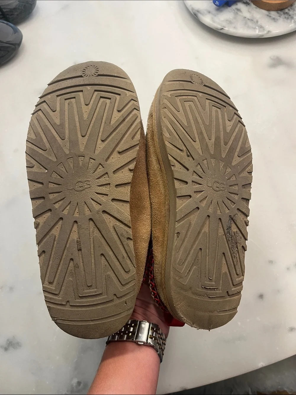 UGG Kids Tan Suede Slip-On Slippers with Red Trim